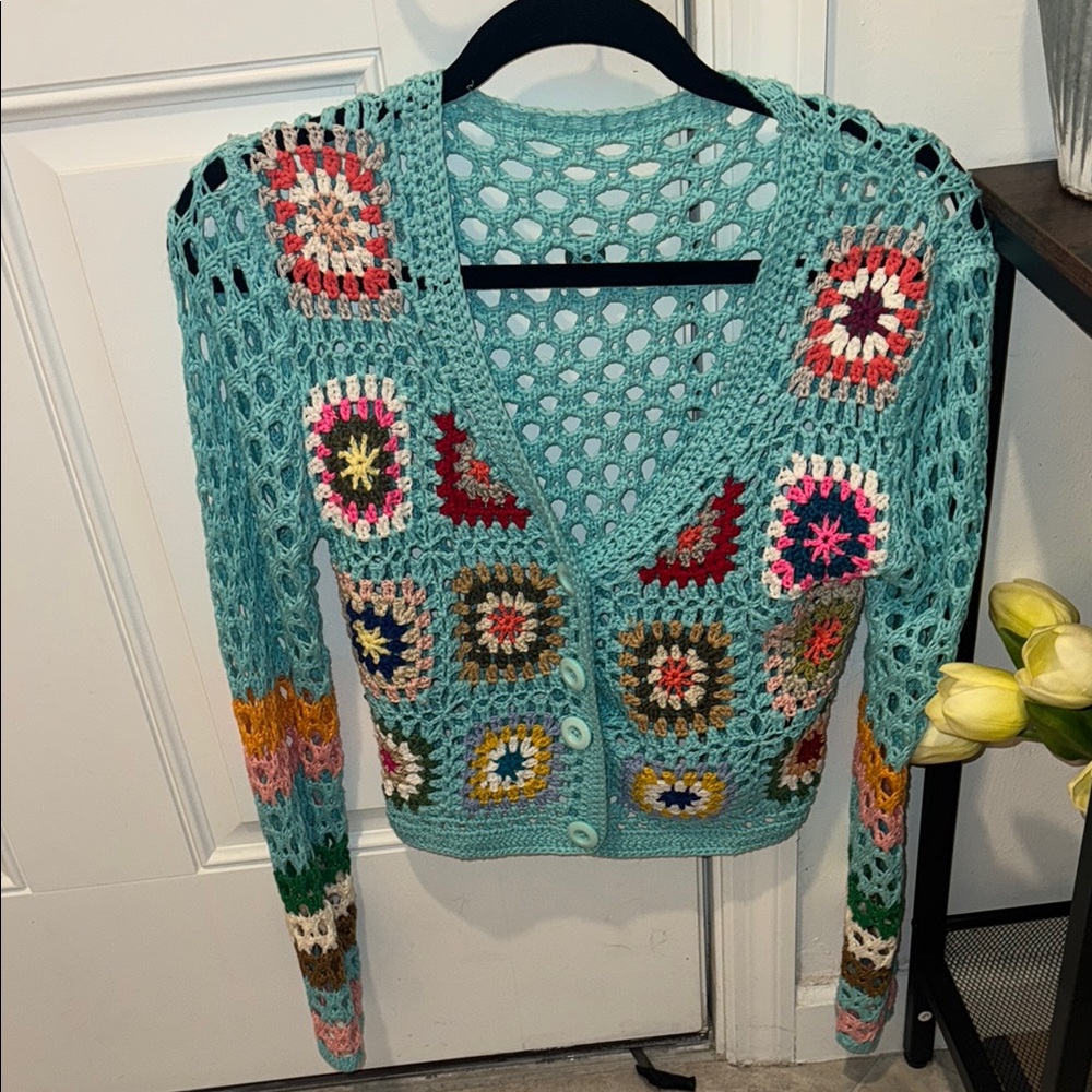 Blue Crochet Cardigan with Granny Square Design